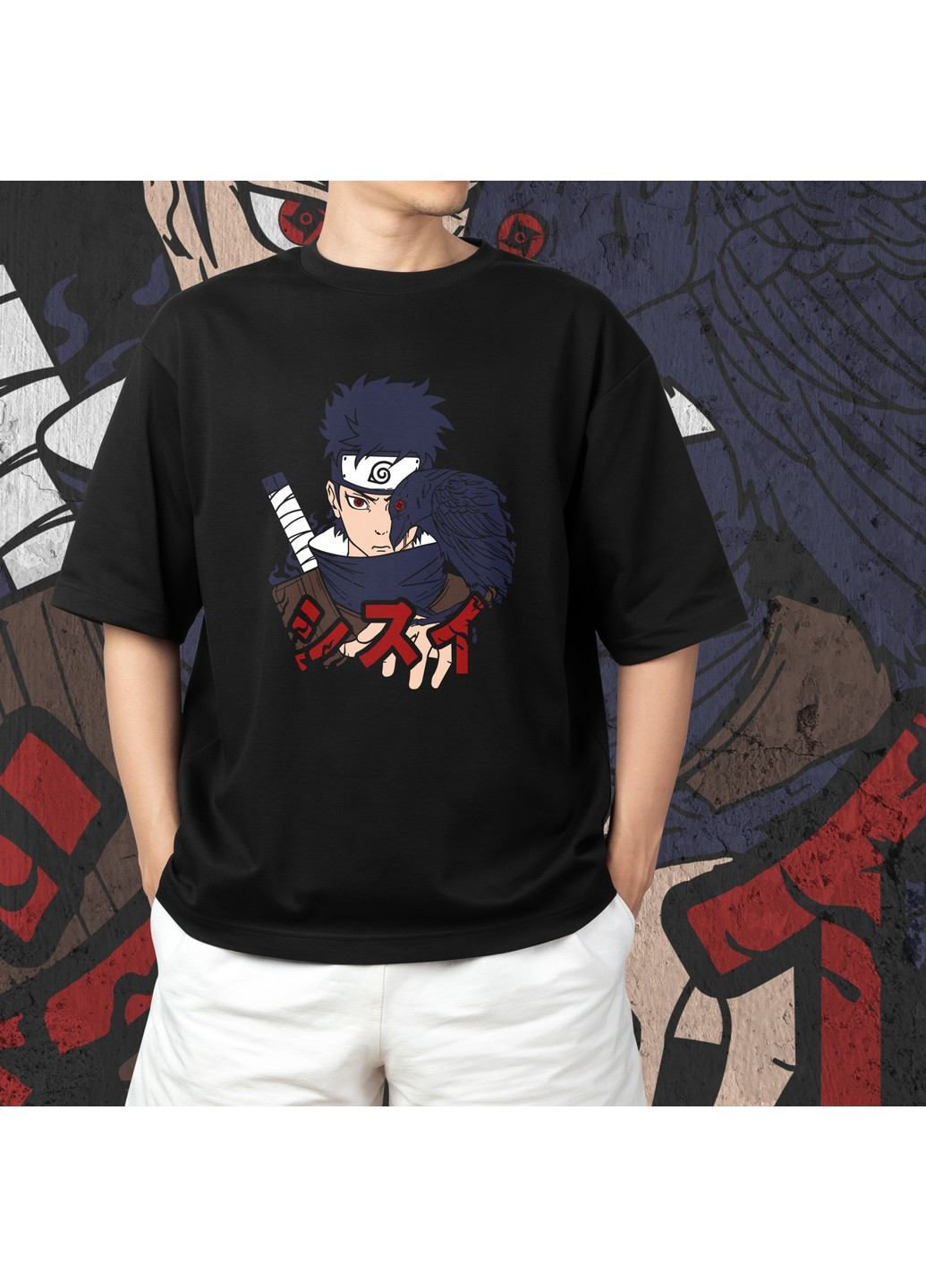 Черная футболка c принтом наруто - шисуи учиха No Brand
