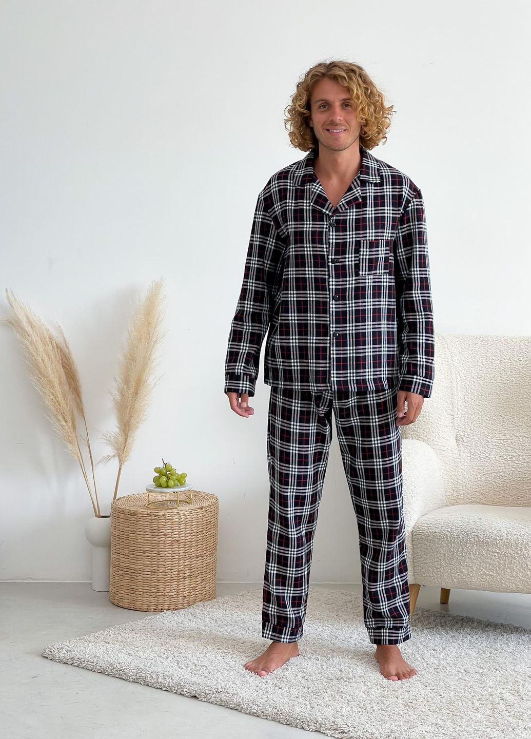 Мужская пижама с фланели клетка черно/красная/белая Cosy (266702581)