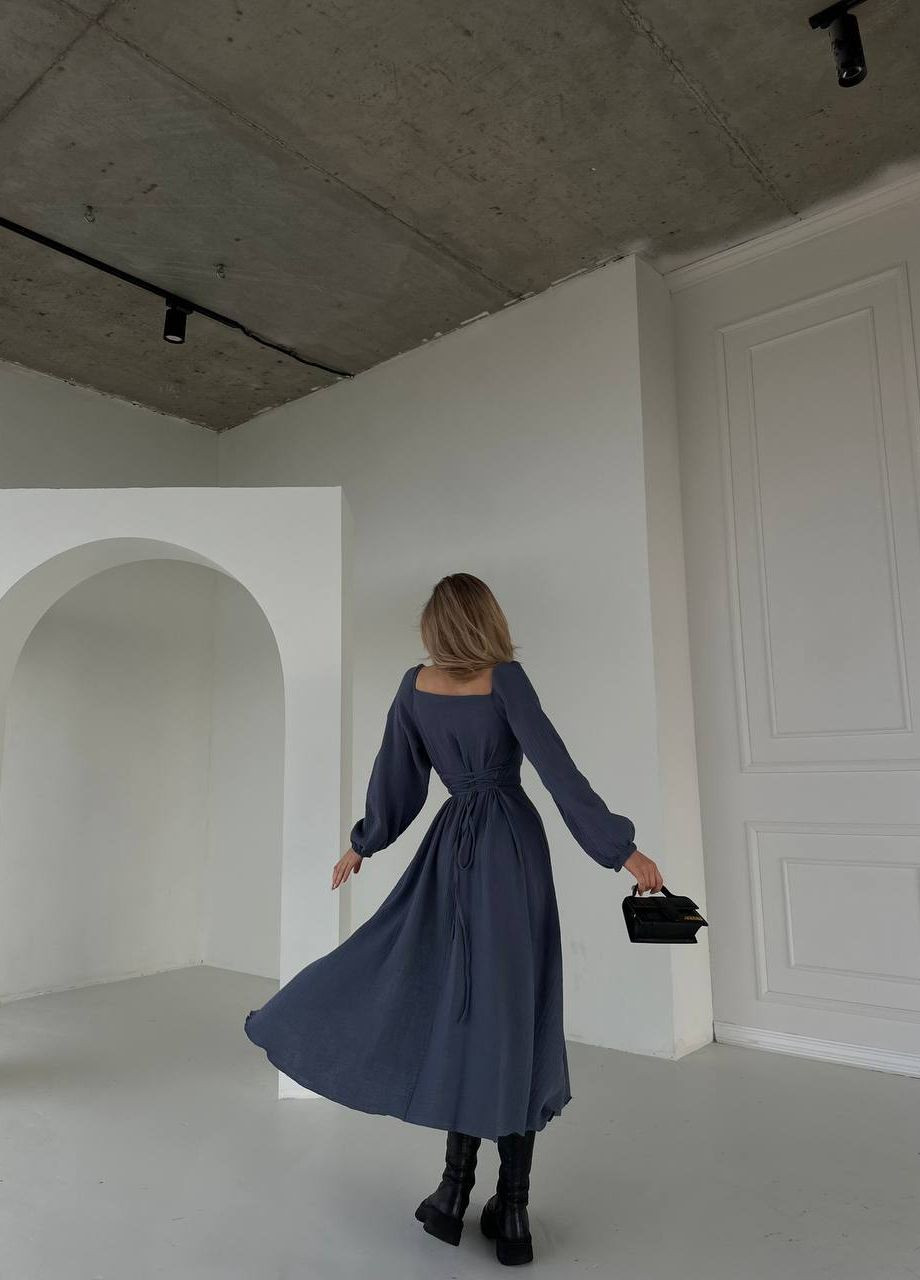 Графітова шикарна сукня з мусліну (100% бавовна) зі шнурівкою на спині, сукня кольору графіт з відкритим декольте та розрізом на нозі No Brand