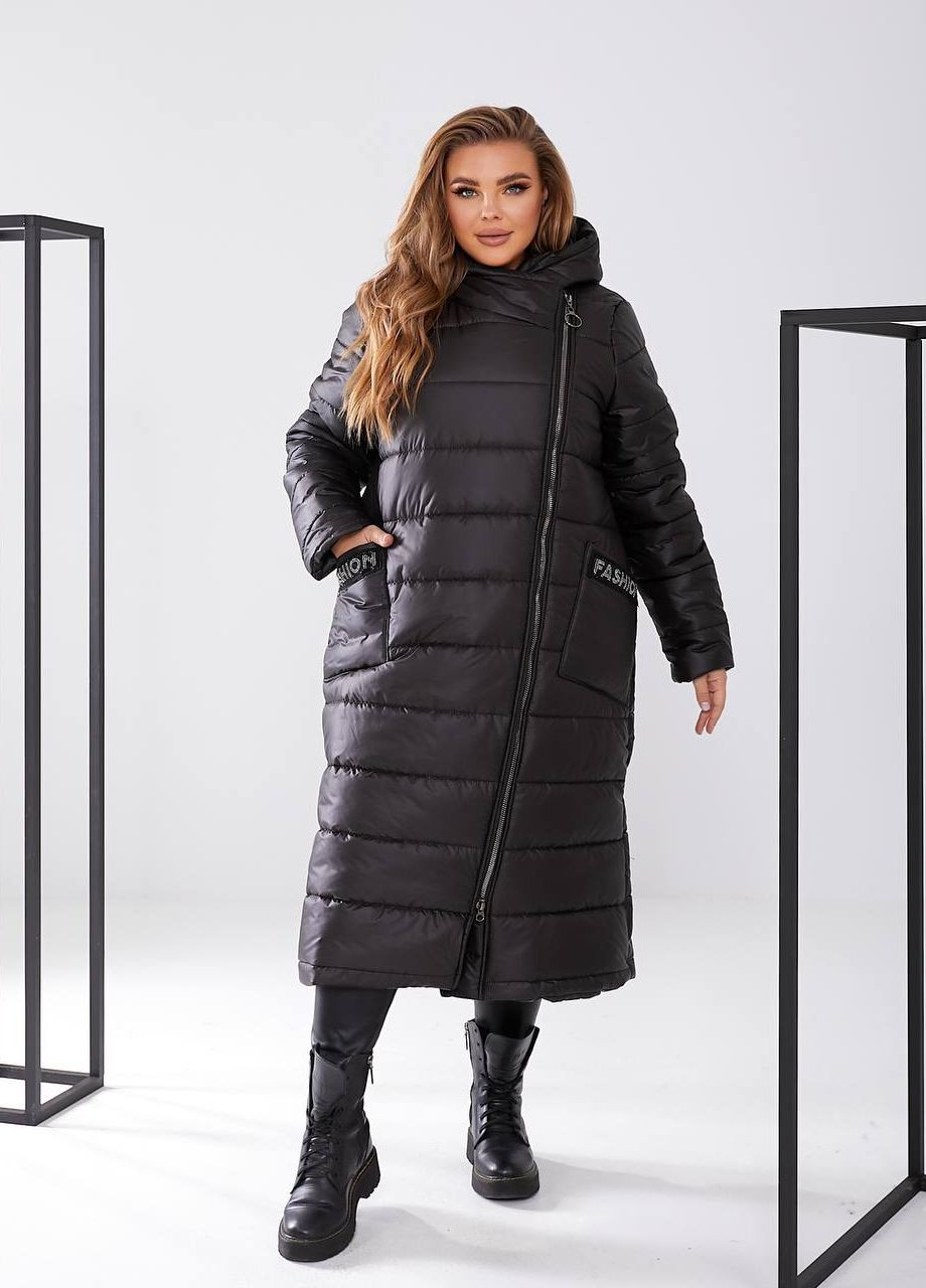 Чорна женская куртка-пальто из плащевки цвет чернй р.48/50 448424 New Trend