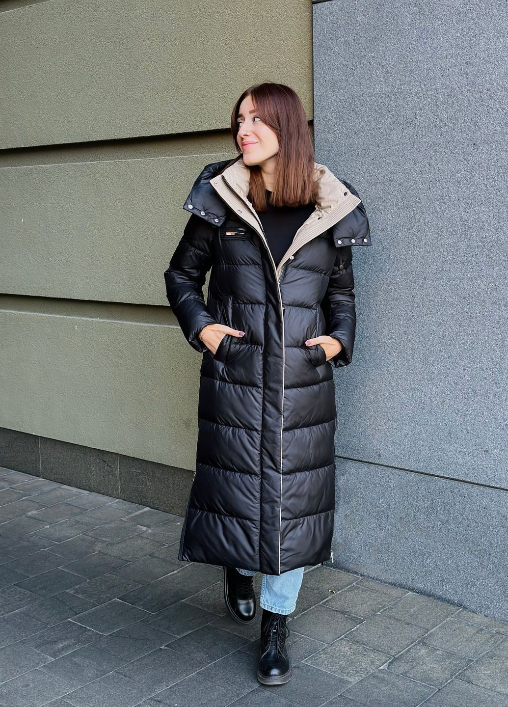Черное зимнее Женское зимнее длинное пальто 70672 Fodarlloy
