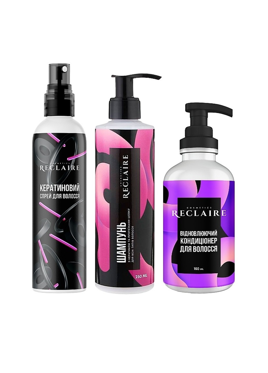 Комплекс для восстановления волос Шампунь с кератином + кондиционер + Спрей Reclaire 650 мл Reclaire cosmetics (258601581)