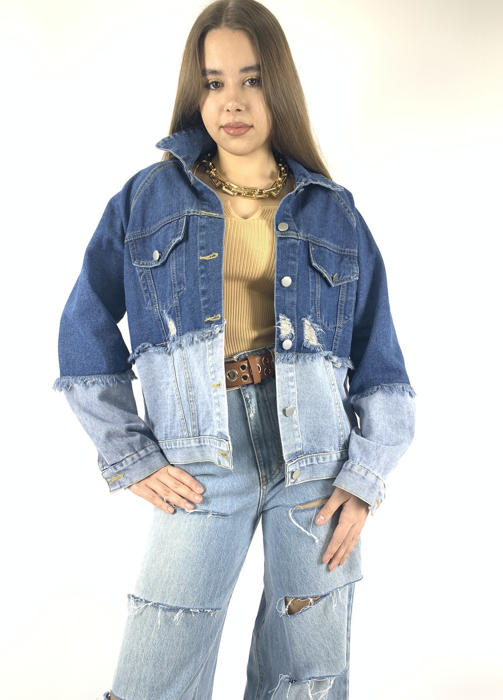 Світло-блакитна куртка жіноча джинсова комбінована Kor@Kor