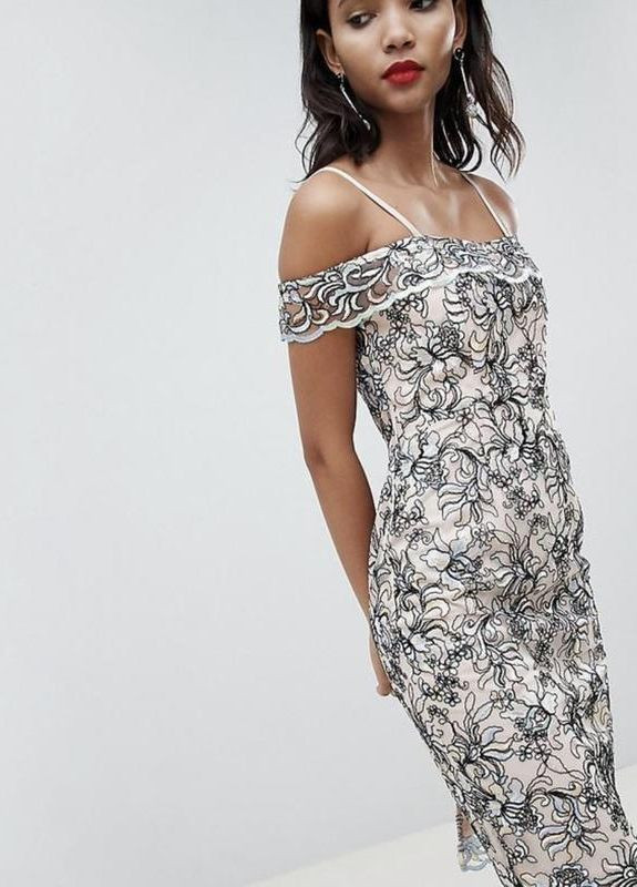 Комбинированное платье меди с открытыми плечами цветочной вышивкой River Island