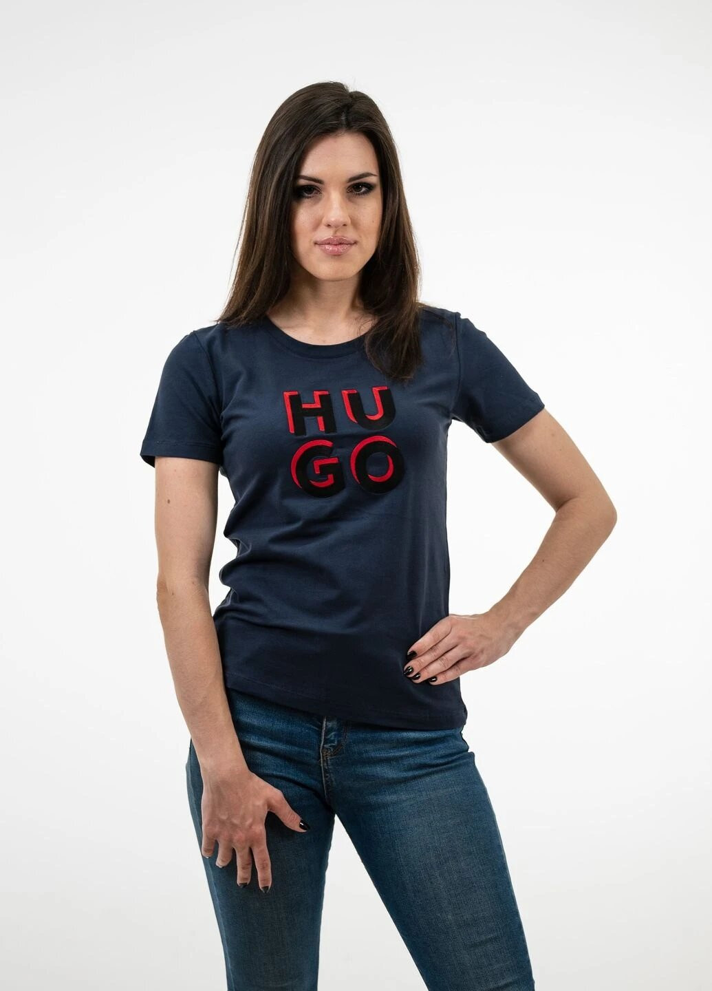 Темно-синя літня футболка жіноча з коротким рукавом Hugo Boss BOSS RELAXED-FIT T-SHIRT IN COTTON JERSEY WITH LOGO