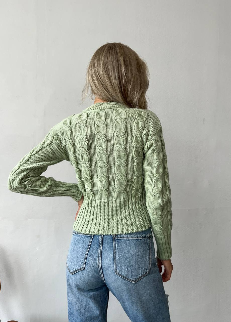Жіночий светр укорочений з візерунком коси світло-зеленого кольору р.42/46 396785 New Trend (258967743)