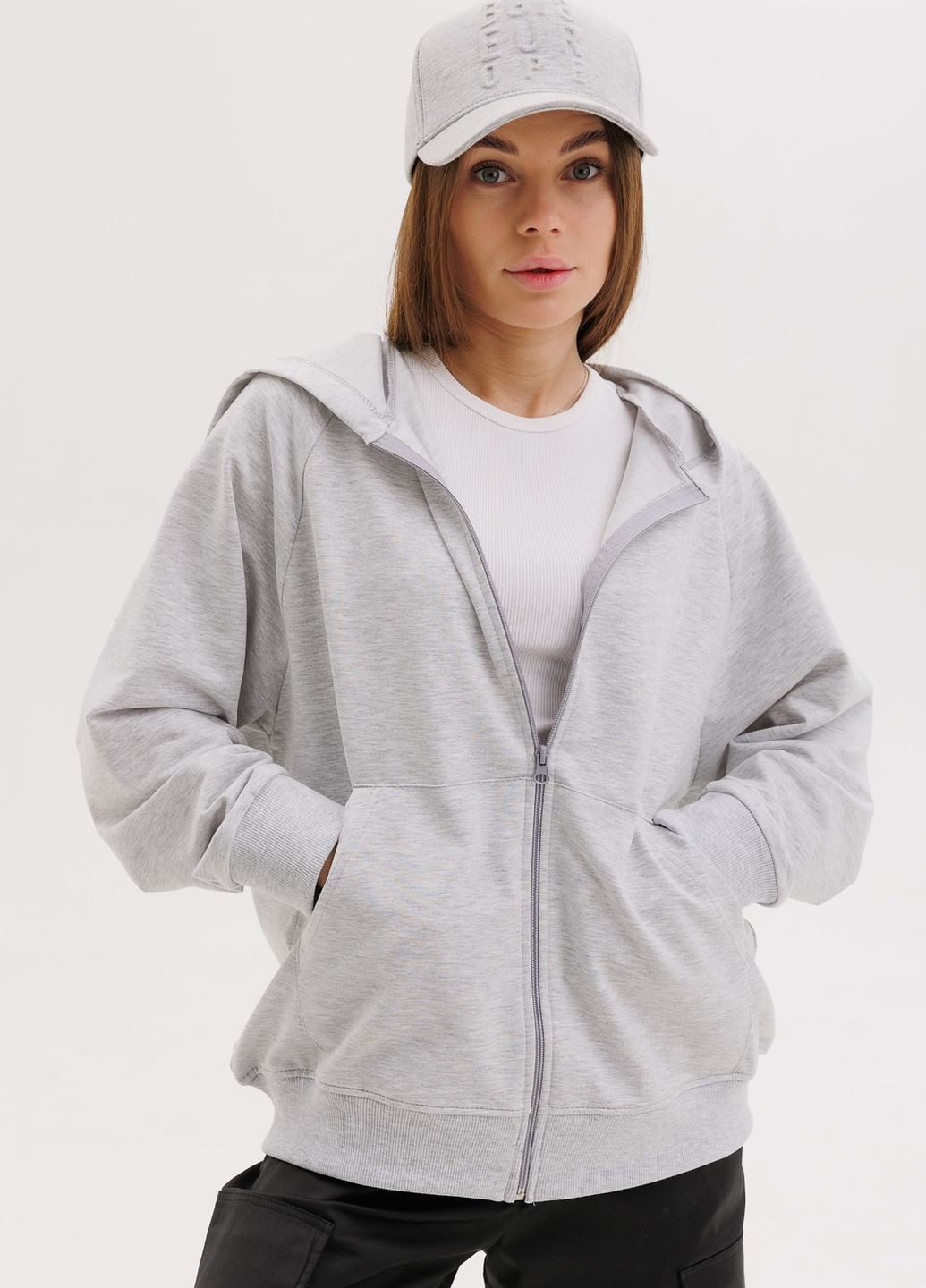 Утеплене худі оверсайз на блискавці для дівчинки сіре 127018 No Brand (263131215)