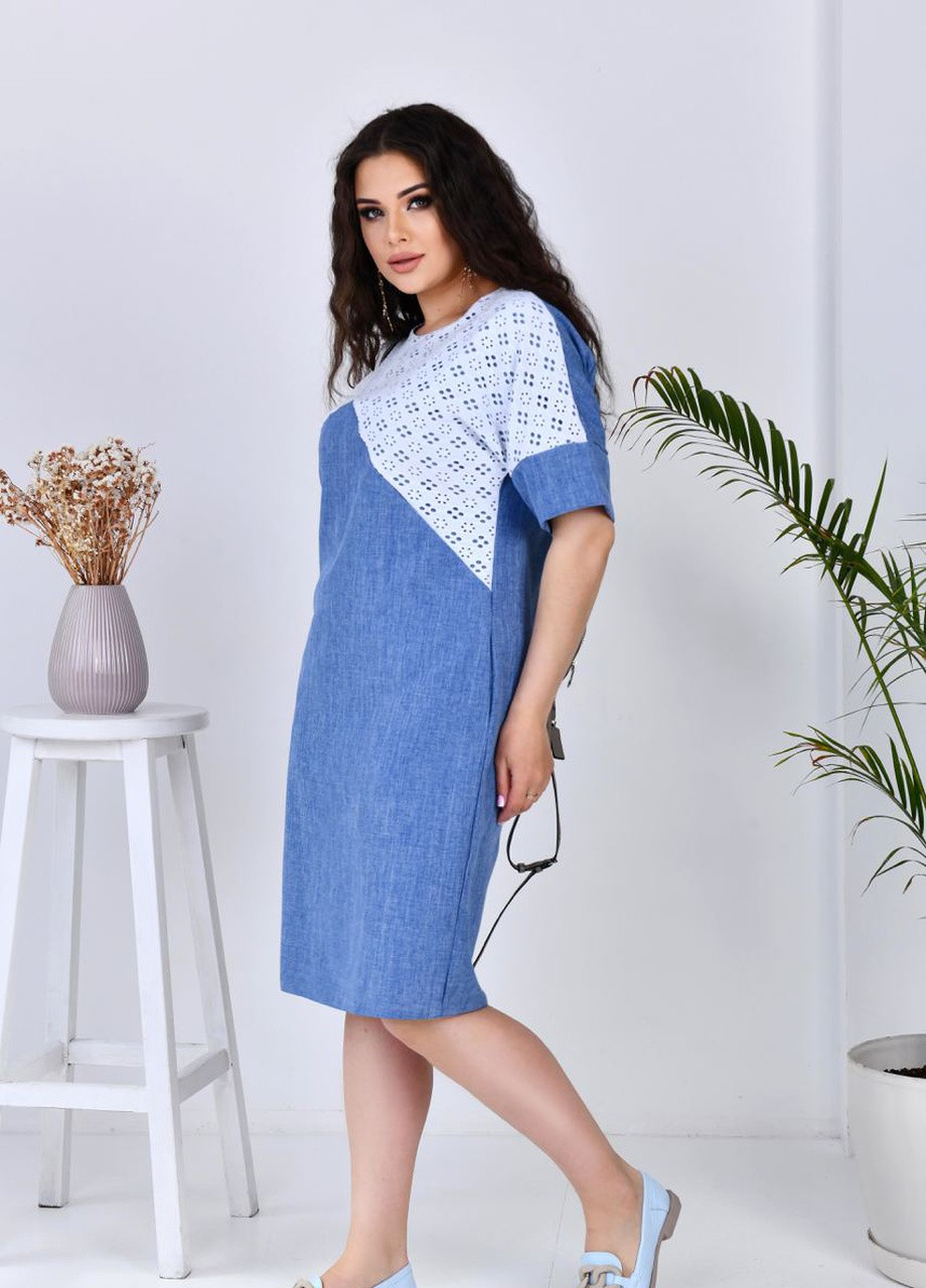 Синя жіноче літнє плаття лляне кольору джинс р.48/50 432770 New Trend