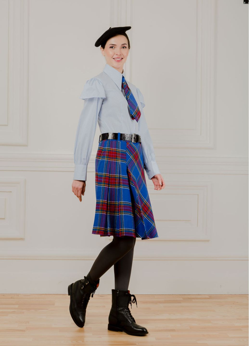 Синяя офисная, повседневная, кэжуал шерстяная юбка в клетку бет Dolcedonna клешированная