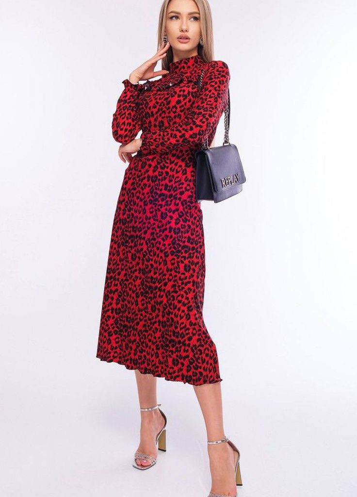 Красное вечернее платье женское красного цвета с леопардовым принтом а-силуэт Let's Shop леопардовый