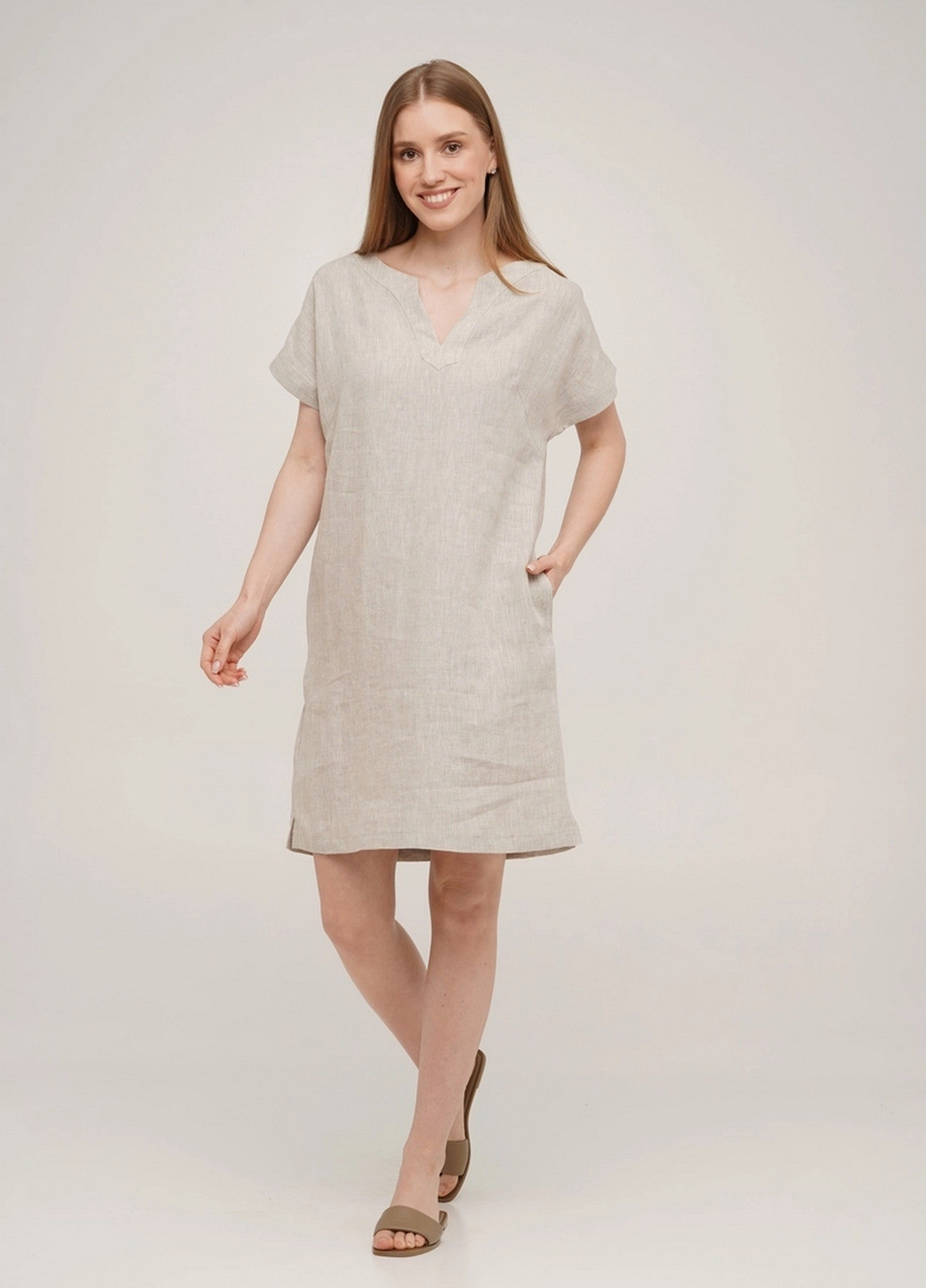 Песочное кэжуал платье льняное короткое linen натуральное SoundSleep