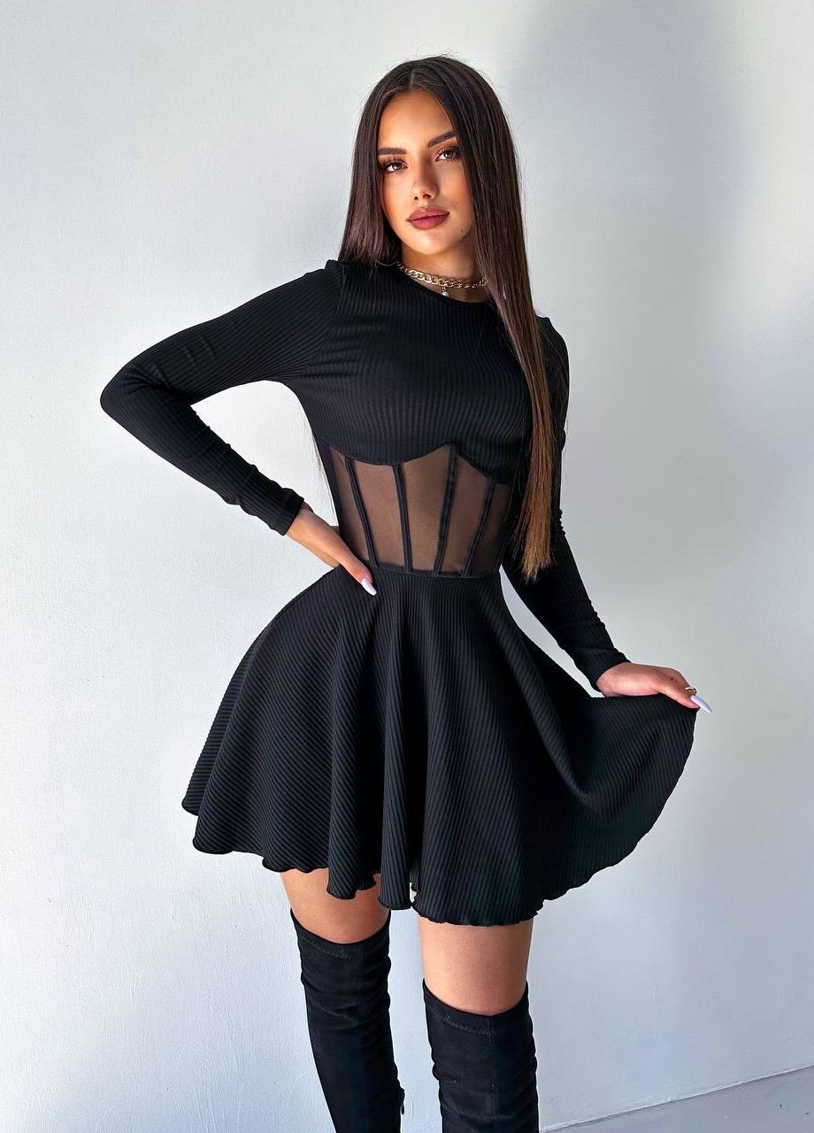 Черное милое приталенное женское платье мустанг рубчик No Brand