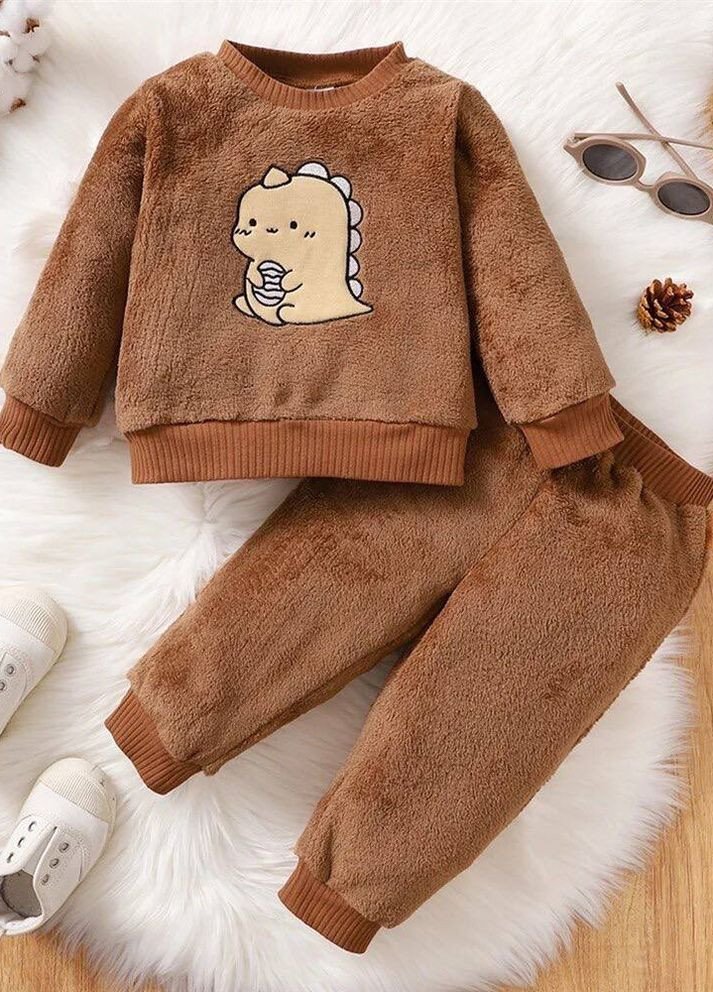 Коричневая зимняя теплая пижама для детей коричневая кофта + брюки No Brand