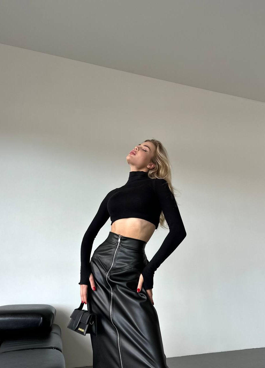 Чорна женская юбка макси из ко-кожи цвет чернй р.42/44 446411 New Trend