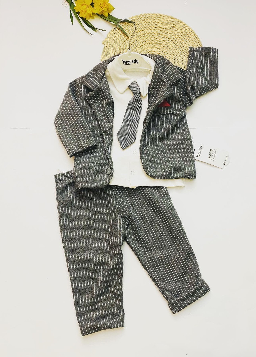 Сірий костюм-трійка для хлопчиків із краваткою, сірий 9-18-24 місяців Murat baby