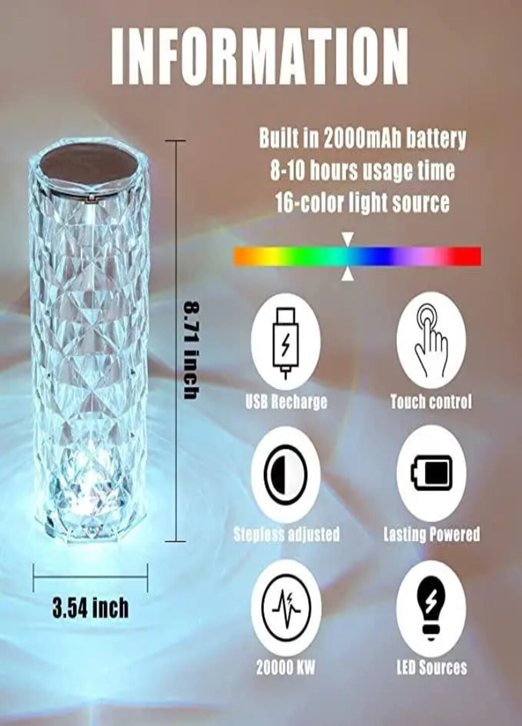 Настольная лампа "Роза" с аккумулятором, ночник с сенсорным управлением, RGB с пультом Led (259445606)