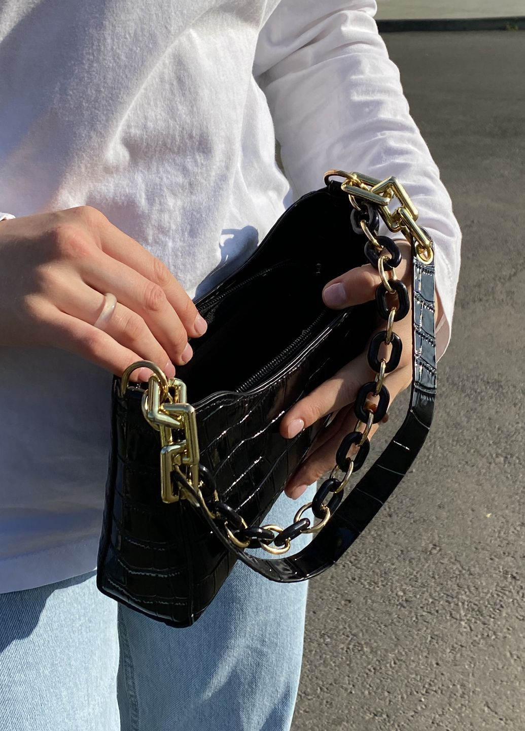 Женская маленькая сумка багет рептилия черная No Brand (270364778)