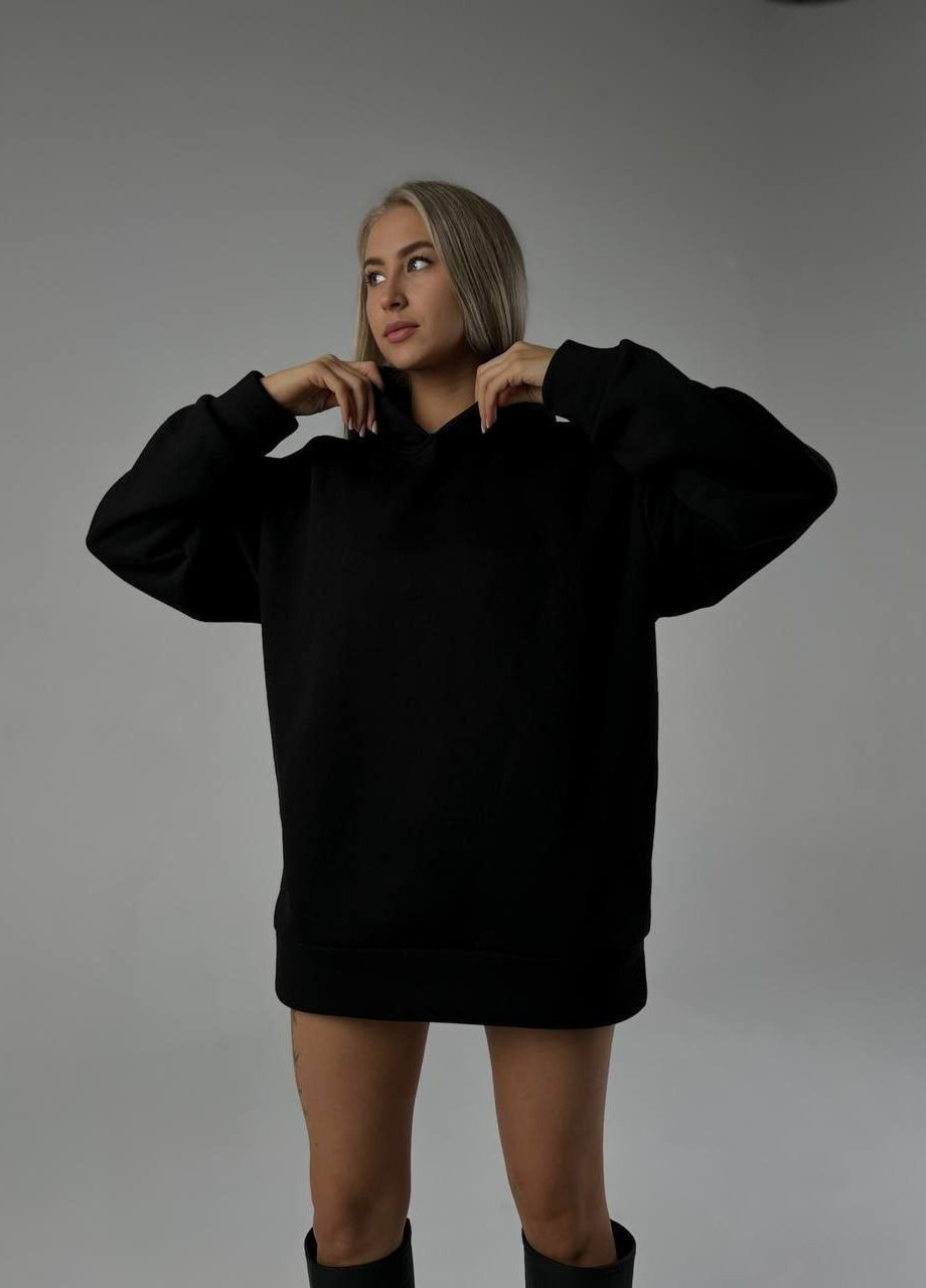 Чёрный оверсайз худи с надписью со страз на спине, стильный тёплый худи со стразами из трёхнитки на флисе No Brand 564 (276709515)