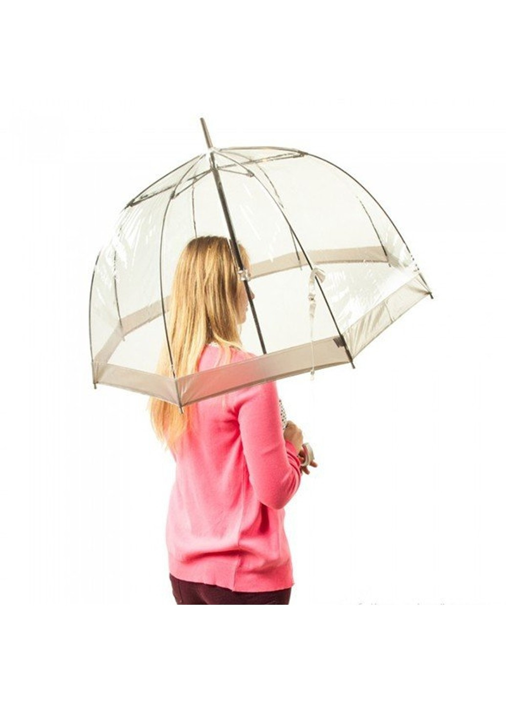 Механический женский прозрачный зонт-трость BIRDCAGE-1 L041 - SILVER Fulton (271998011)