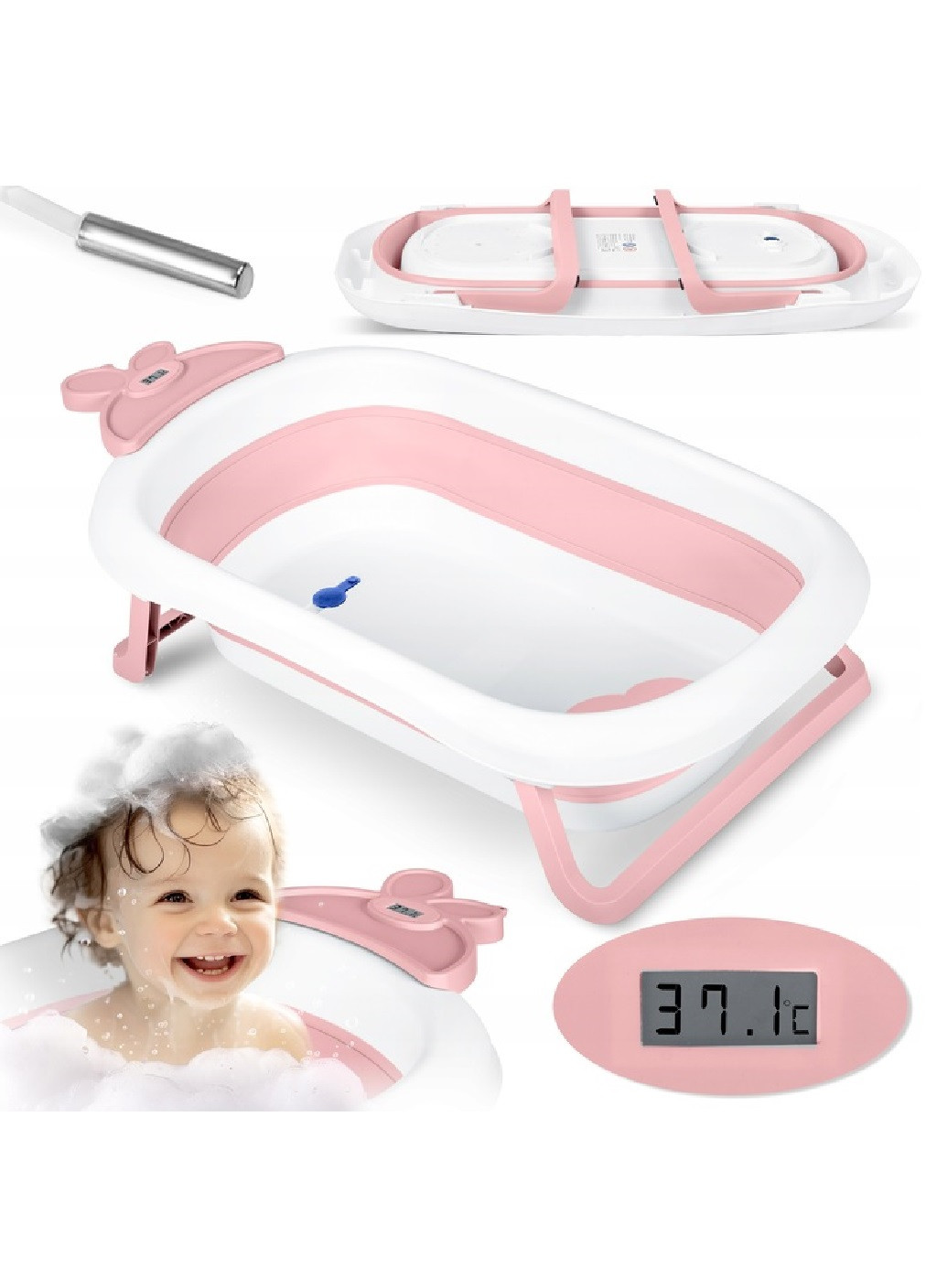 Детская складная ванночка с термометром нескользящими ножками дисплеем 96х21.5 см (476097-Prob) Бело-розовая Unbranded (276310937)