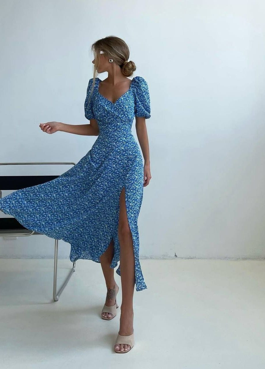Синее повседневный платье с разрезом popluzhnaya