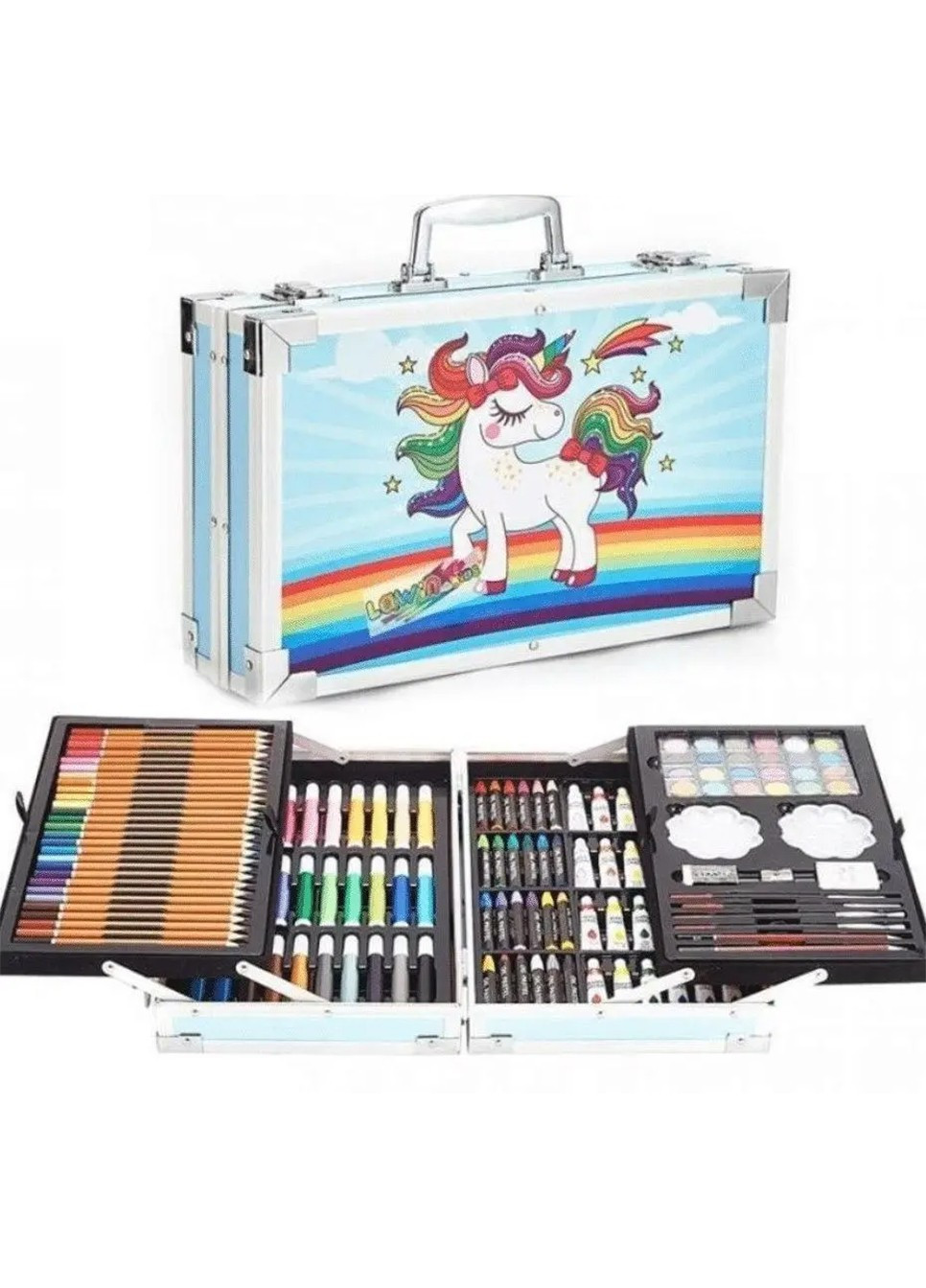 Набір для дитячої творчості та малювання 145 предметів юний художник в алюмінієвому валізі єдиноріг No Brand (256625615)