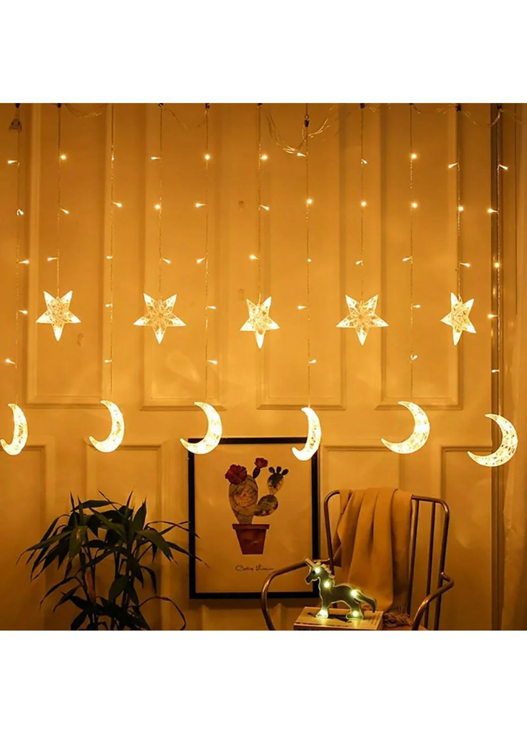Новогодняя cветодиодная гирлянда шторка дождь "Луна и Звезды" YS-84009 138 LED 2.5 метра (теплый белый) Yu Xin (269001588)