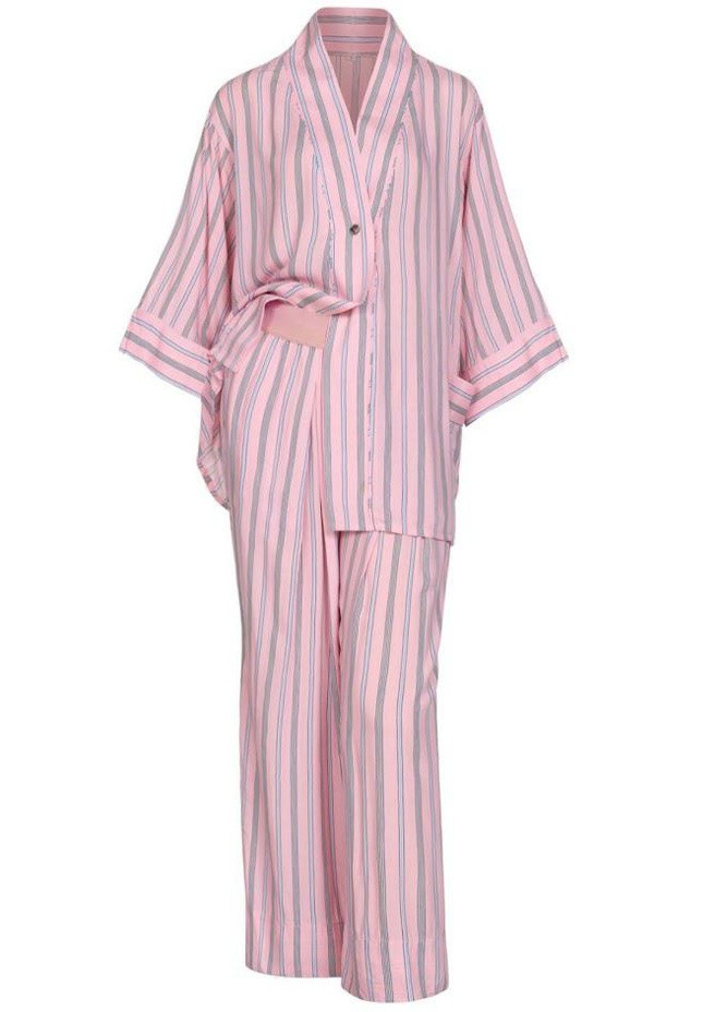 Розовая пижама женская рубашка-кимоно на пуговицах и брюки-колоты свободного кроя с карманами розовый в полоску Garna