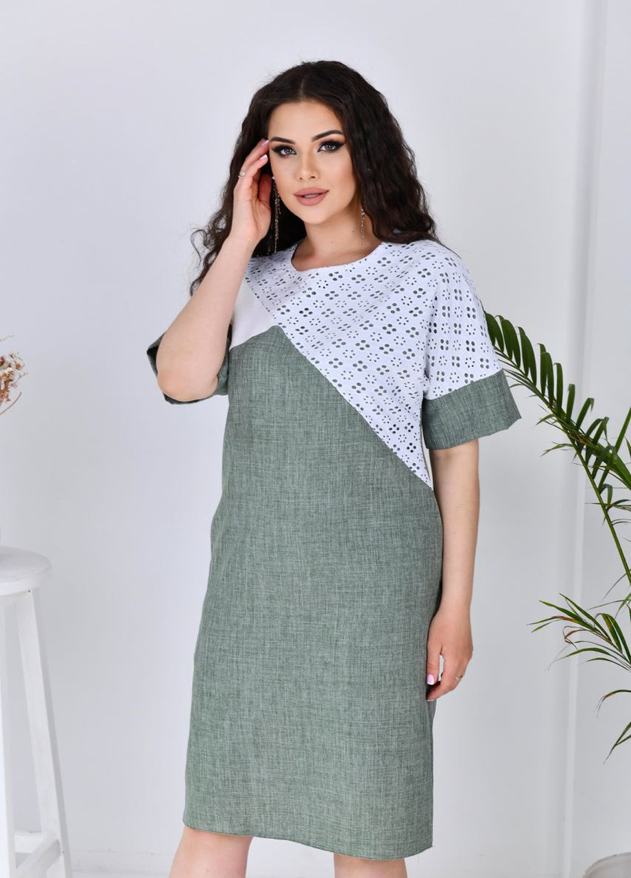 Оливковое (хаки) женское летнее платье льняное цвета хаки р.48/50 432769 New Trend