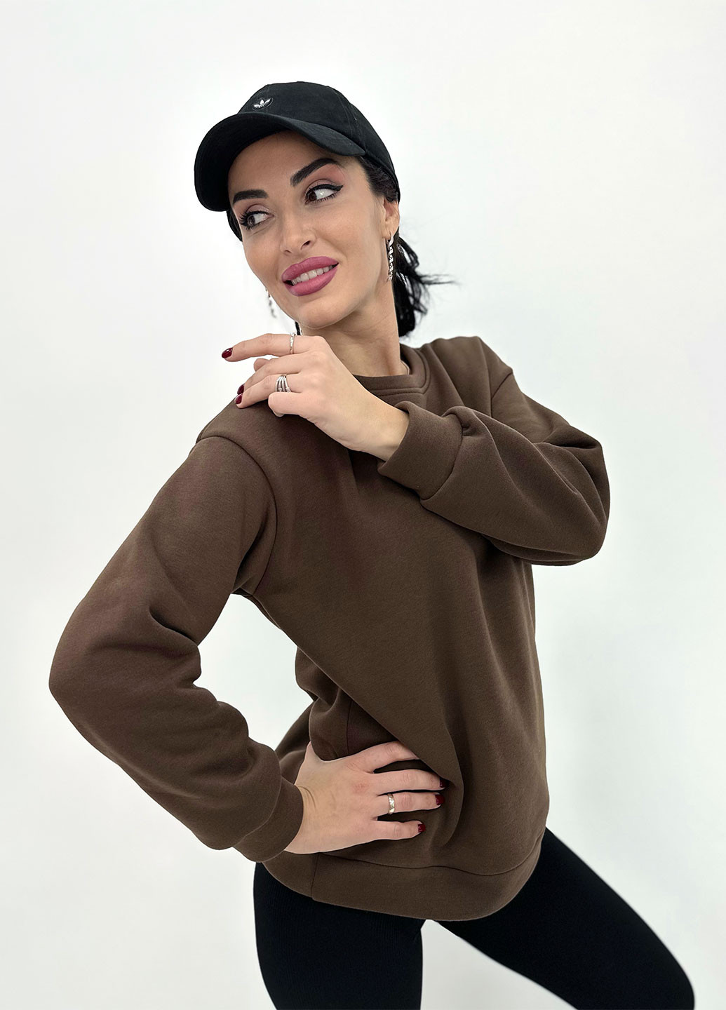 Базовый однотонный свитшот Fashion Girl - Свободный крой коричневый спортивный, повседневный, кэжуал трехнитка - (274065172)