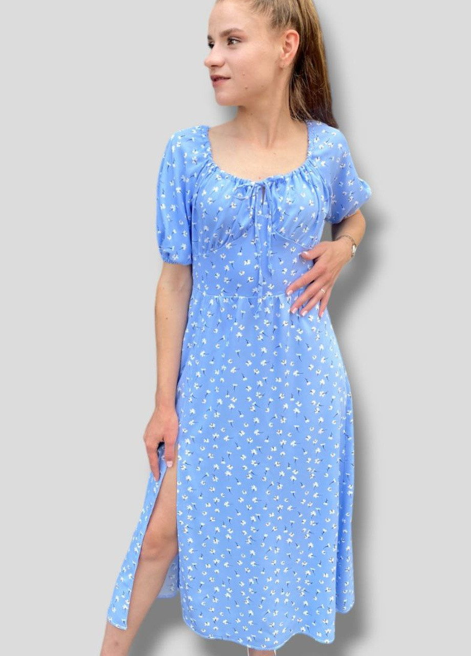 Голубое повседневный платье штапель с разрезом No Brand с цветочным принтом