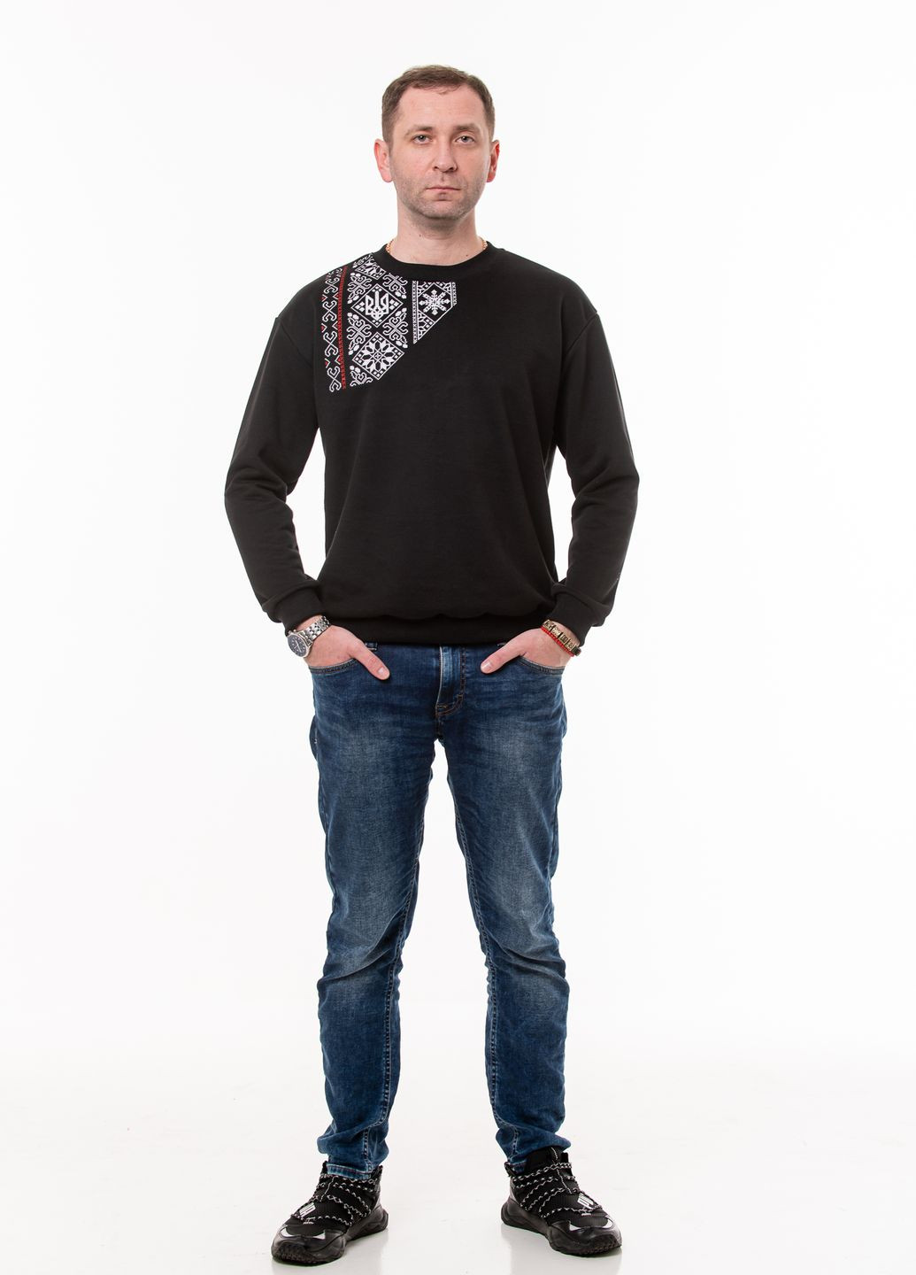 Чоловічий світшот-вишиванка з вишивкою "Перемога" VINCA - крій орнамент чорний повсякденний бавовна, трикотаж - (266699036)