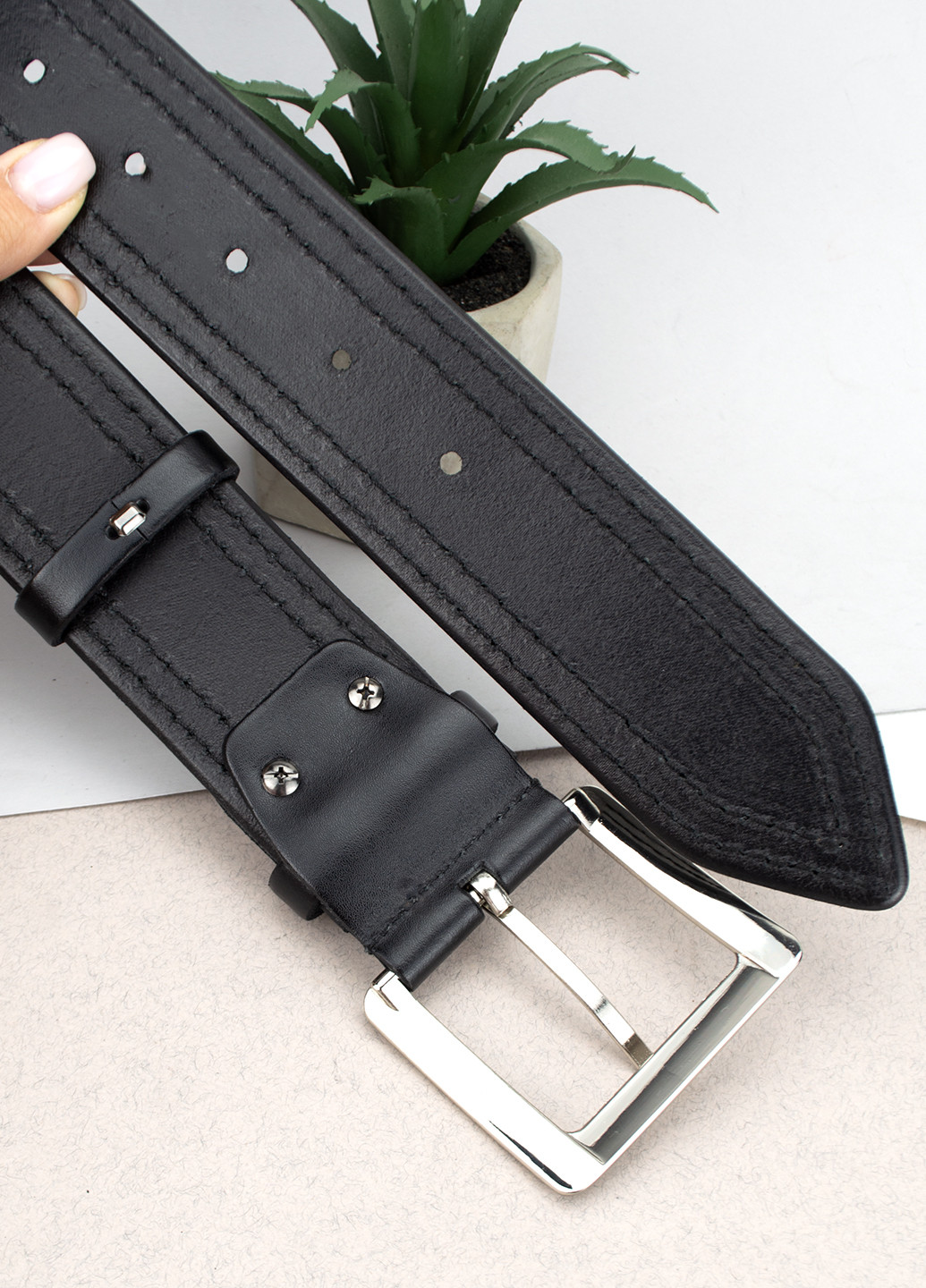 Ремень мужской широкий кожаный KB-5003 (125 см) черный со строчкой HandyCover (271812042)