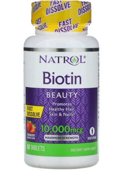 Biotin, Maximum Strength 10000 mcg 60 Tabs Strawberry Flavor NTL-06885 Natrol (256721872)
