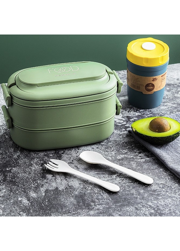 Пластиковый ланч бокс на 2 яруса с приборами Food 1550 мл зеленый More (269266761)
