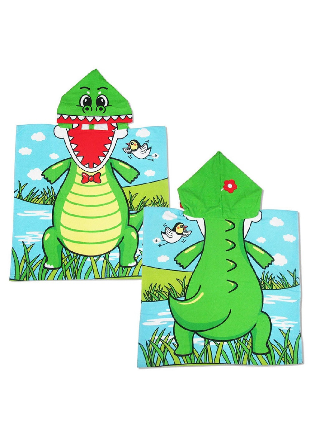 Unbranded дитячий рушник пончо з капюшоном мікрофібра для ванної басейну пляжу 60х60 см (474685-prob) динозавр малюнок зелений виробництво -