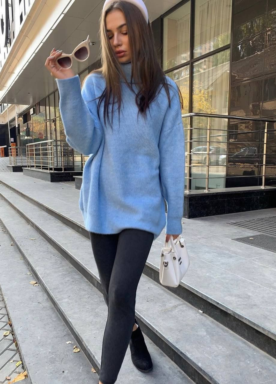 Блакитний зимовий базовий теплий жіночий светр під горло з турецької в'язки, якісний блакитний светр No Brand р-1557-0101 2
