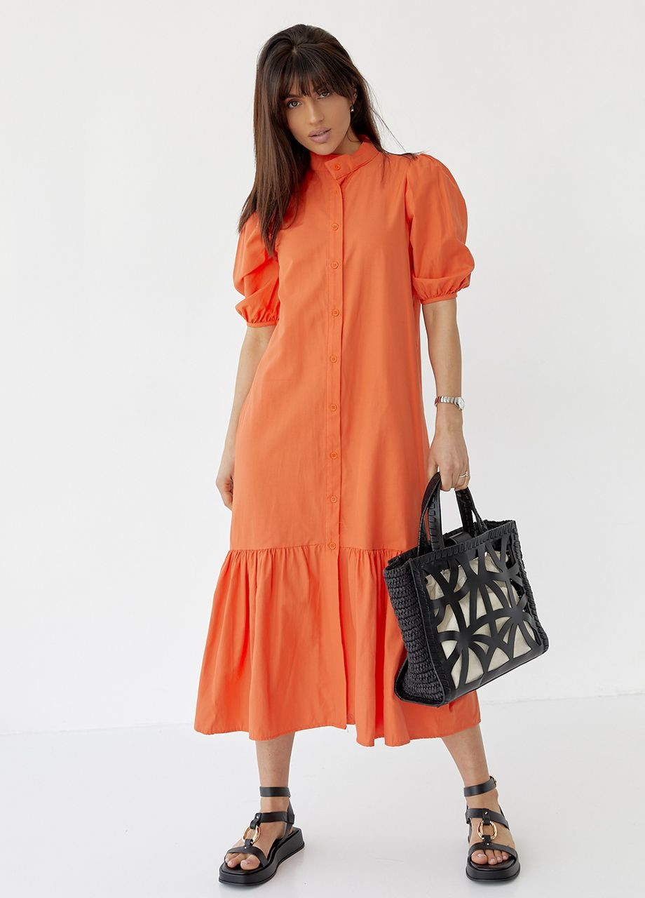 Оранжевое откровенный длинное платье на пуговицах с оборкой по низу - оранжевый Lurex