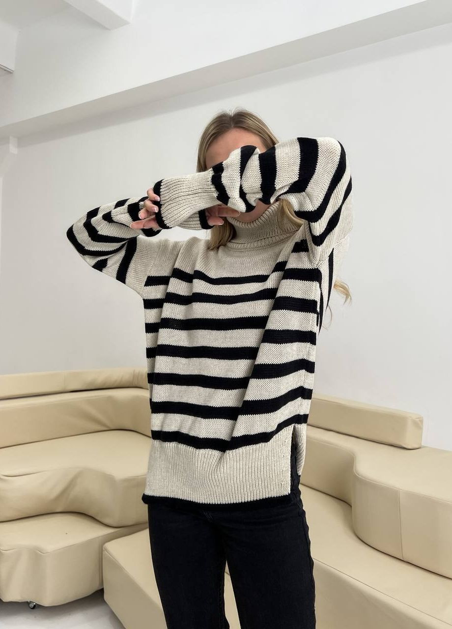 Женский полосатый свитер цвет бежевый/черный р.42/46 444013 New Trend (266494286)