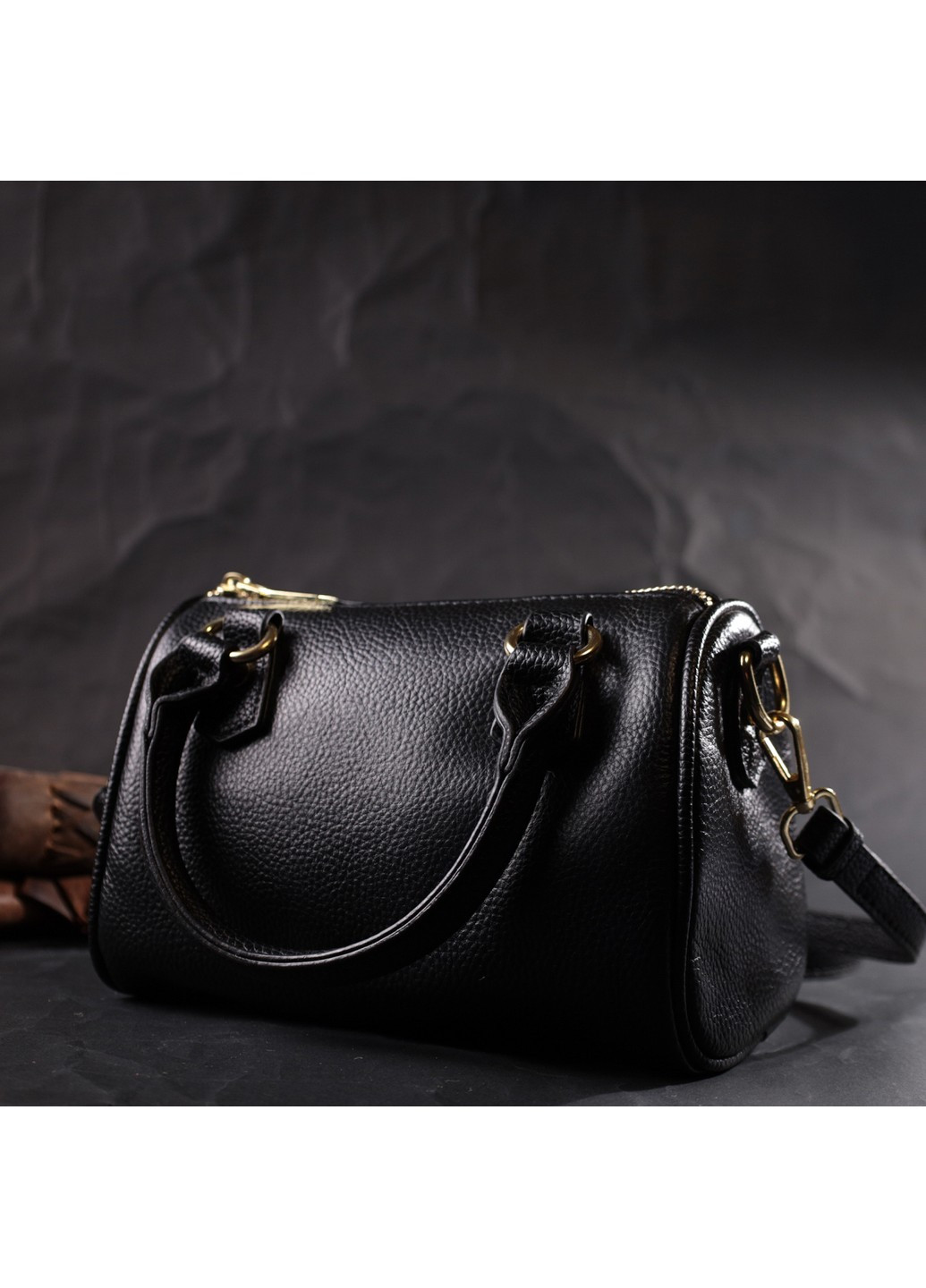 Елегантна жіноча сумка бочонок з двома ручками з натуральної шкіри 22353 Чорна Vintage (276461691)