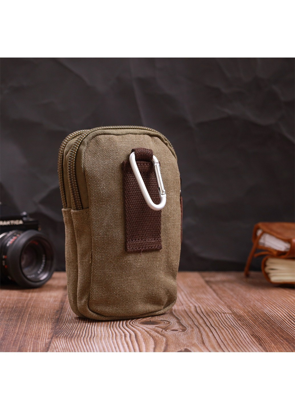 Компактная сумка-чехол на пояс с металлическим карабином из текстиля 22224 Оливковый Vintage (267932172)