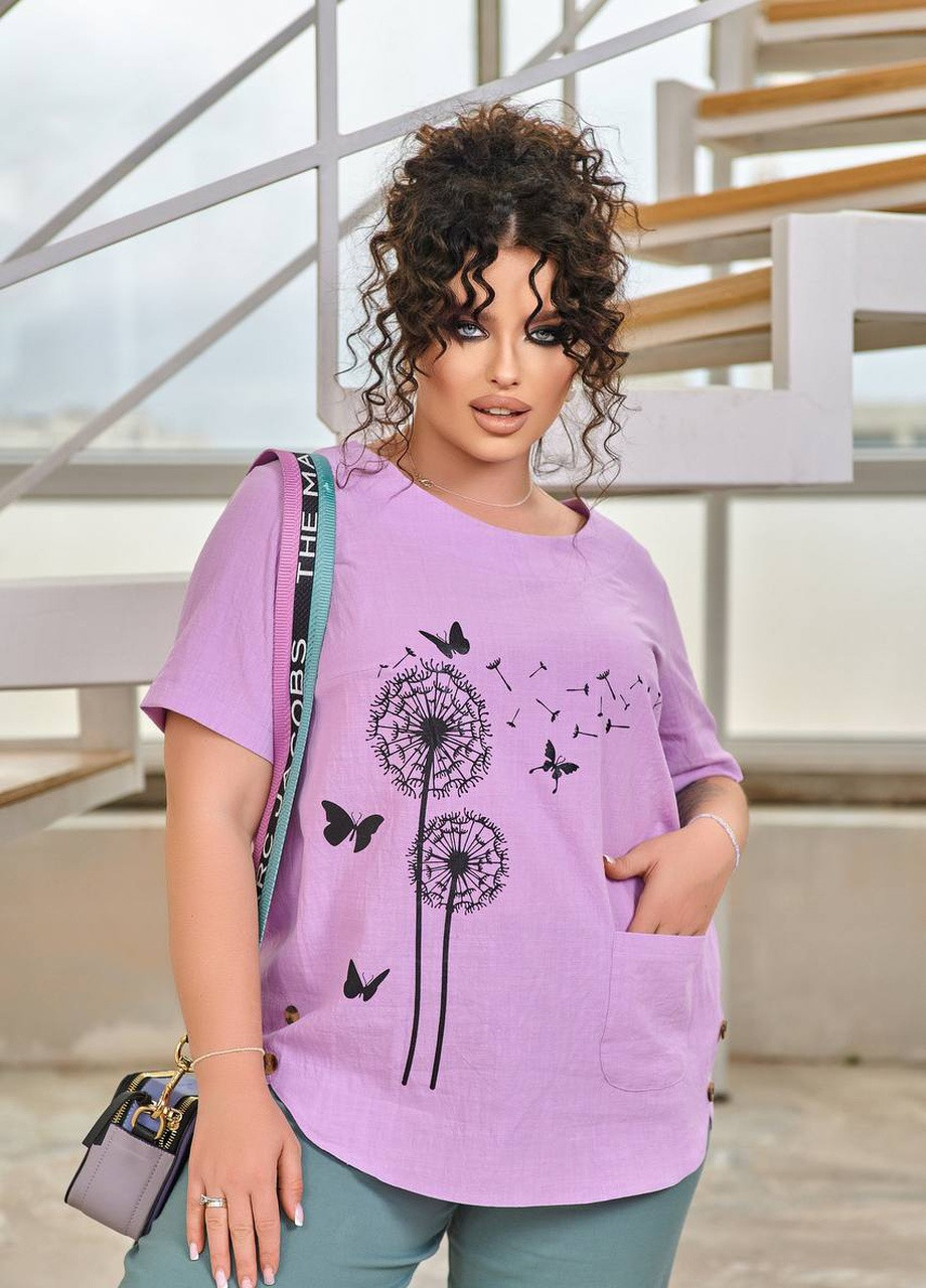 Фиолетовая женская льняная блуза цвет сиреневый р.46/48 433016 New Trend
