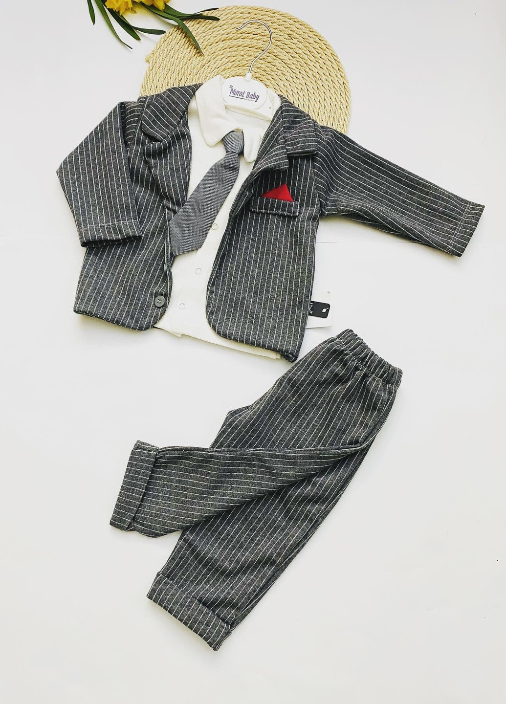 Сірий костюм-трійка для хлопчиків із краваткою, сірий 9-18-24 місяців Murat baby