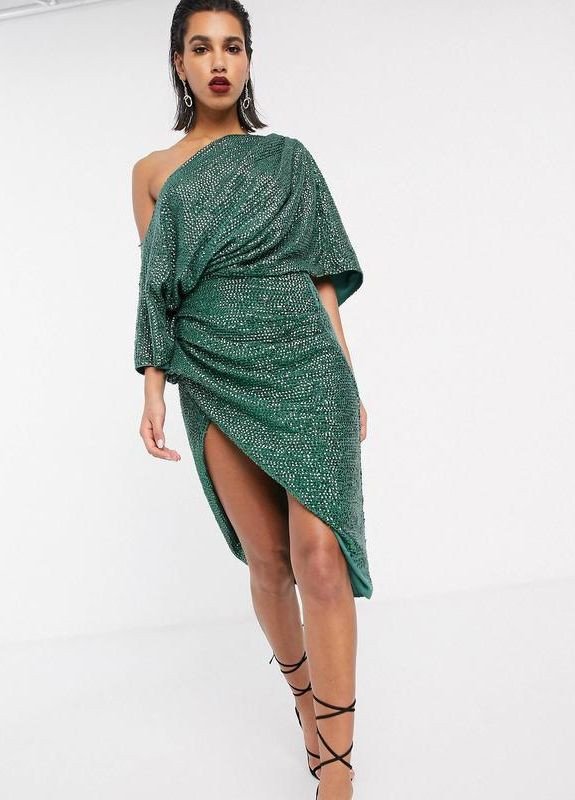 Зеленое асимметричное платье миди с пайетками edition Asos