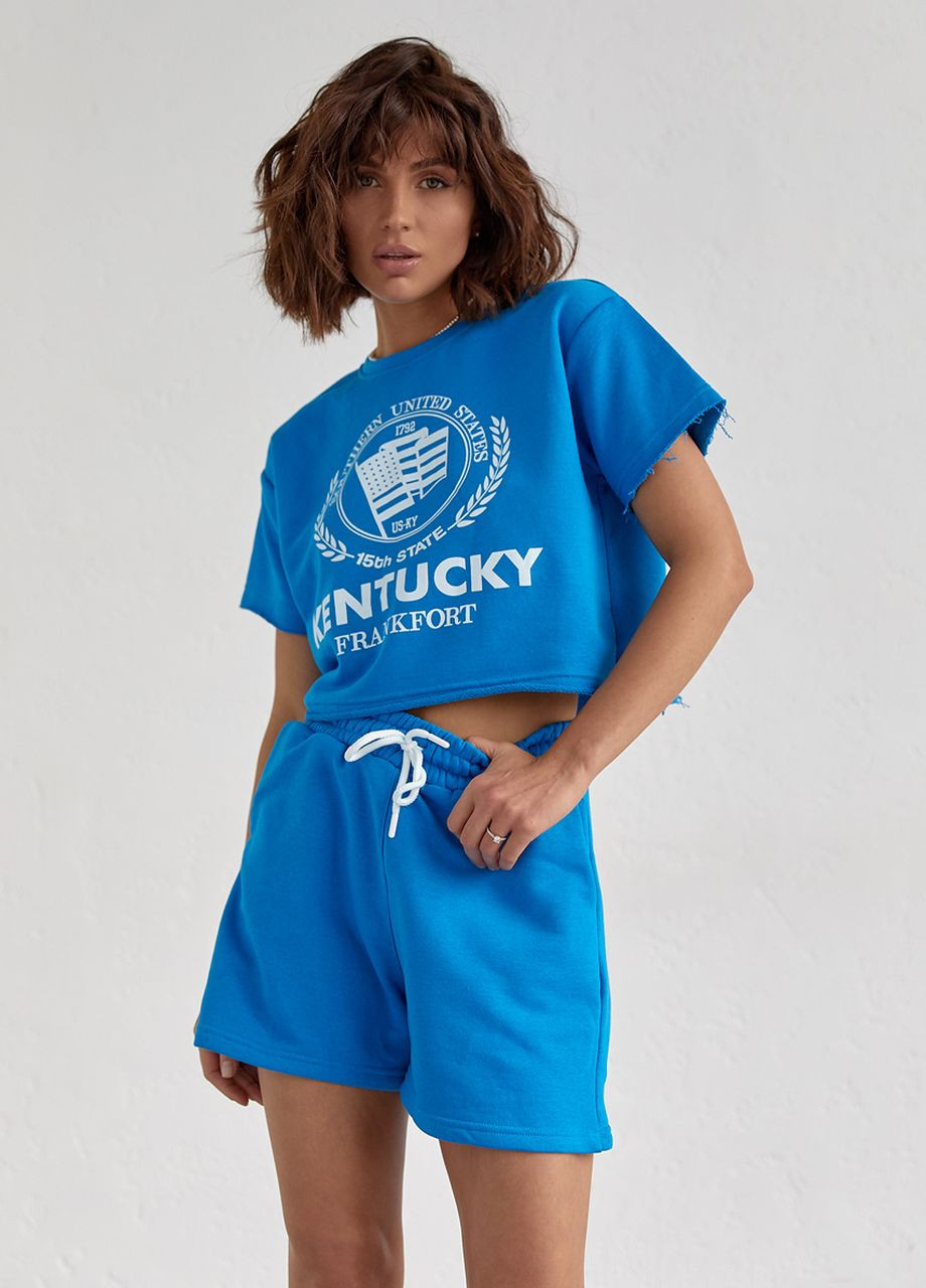 Женский спортивный комплект с шортами и футболкой - синий Lurex (262810518)