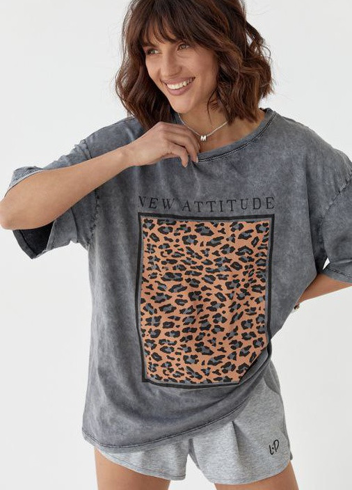 Серая футболка-туника варенка тигровый квадрат No Brand