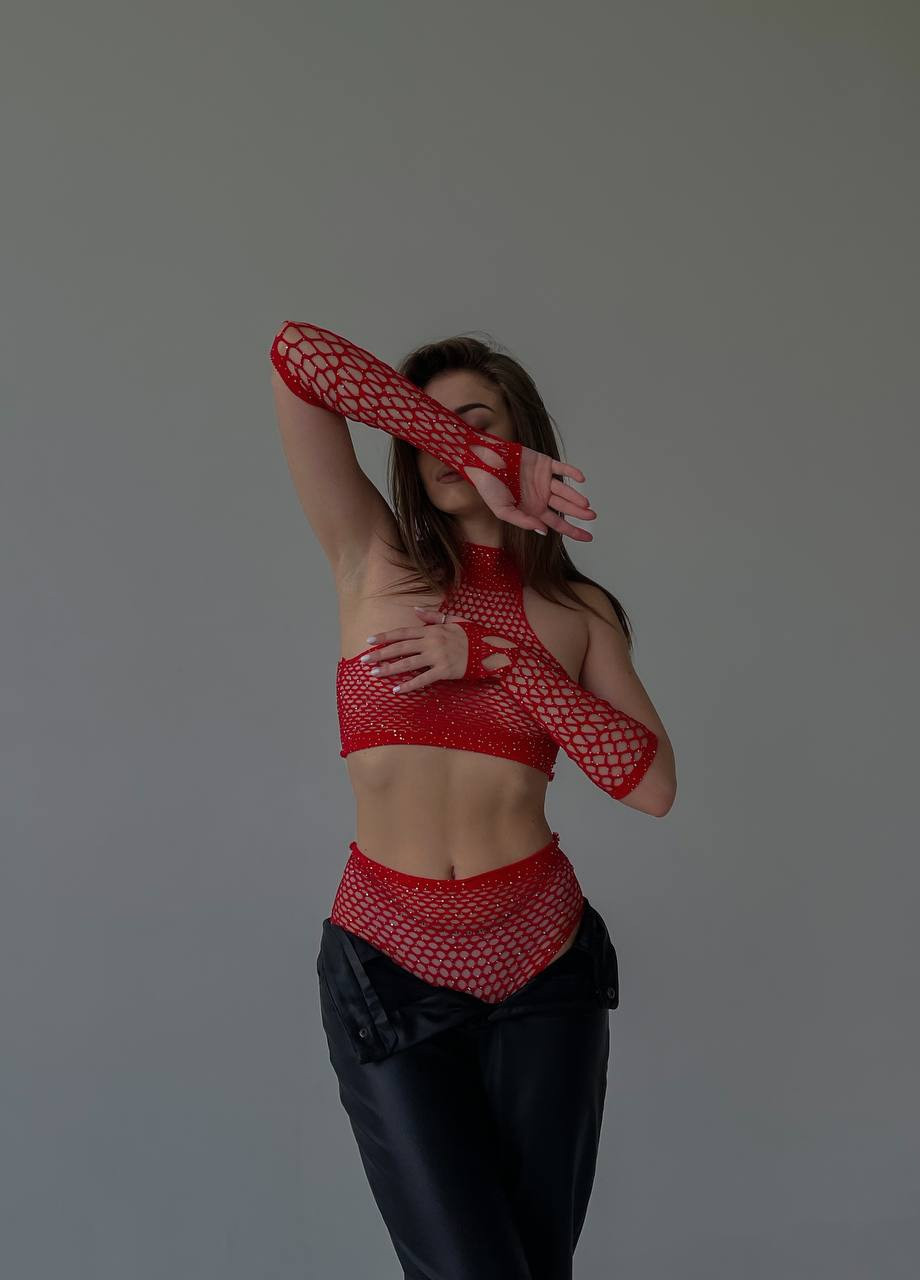 Красный набор топ + трусики + перчатки (сетка) бодистокинг Simply sexy