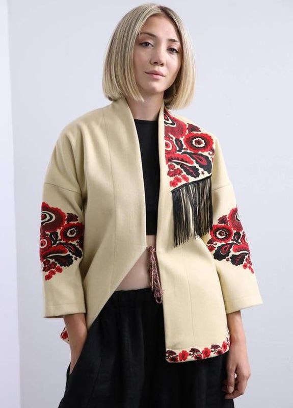Кашемировий жакет вишиванка на завязках бежевий No Brand (269693762)