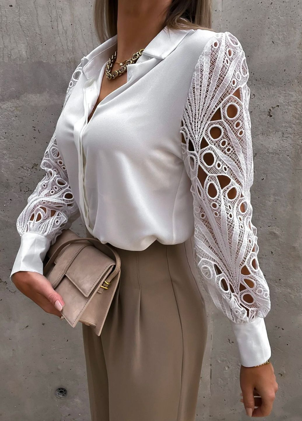 Белая блузка женская с кружевными рукавами No Brand