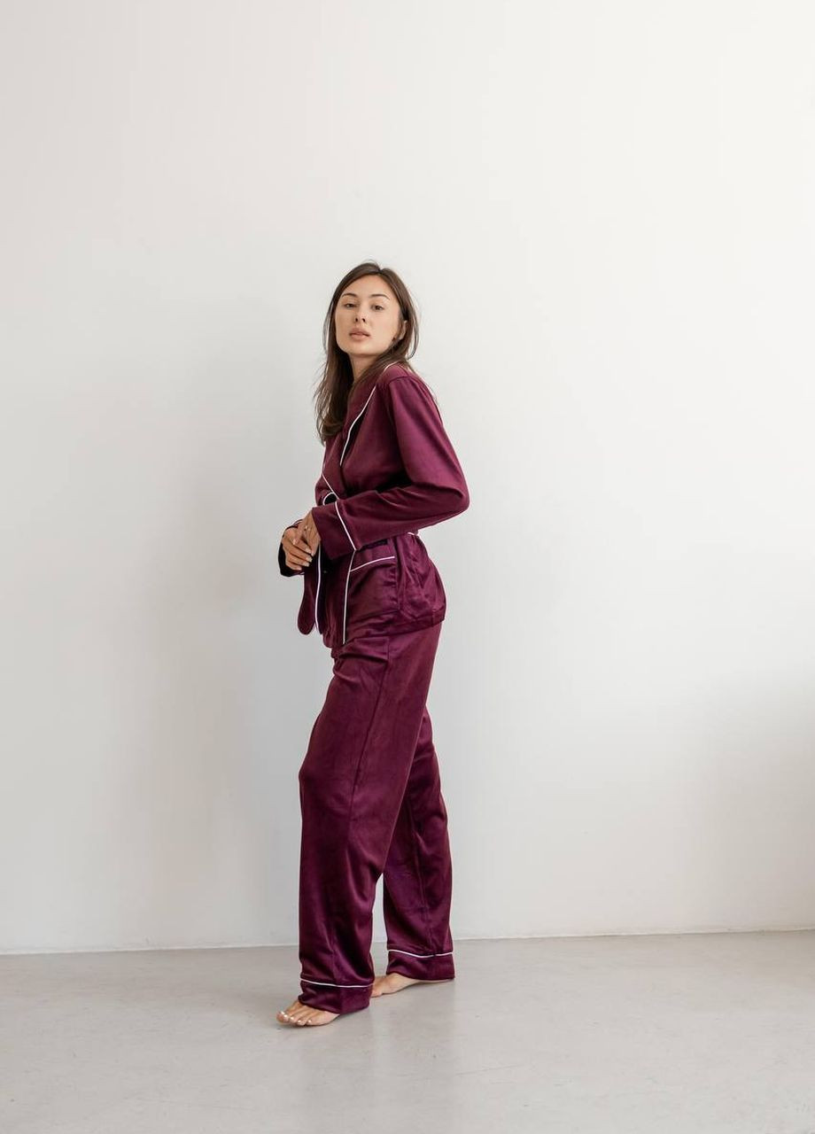 Бордовая женская пижама велюр eva на запах марсалового цвета р.l 442567 New Trend